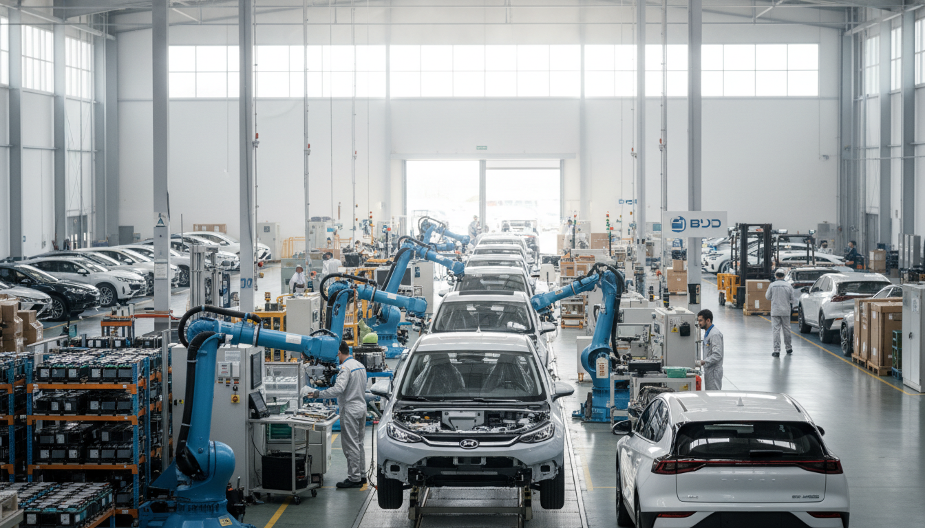 Linha de produção da BYD no Brasil com foco em veículos elétricos e híbridos plug-in.