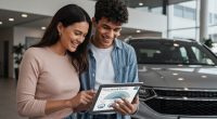 Casal analisando tablet com gráficos de financiamento de carros com um carro novo ao fundo
