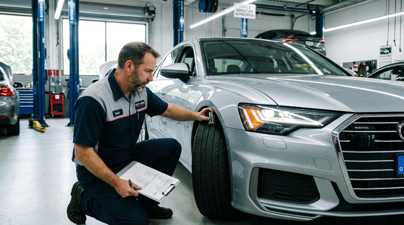 Mecânico realizando vistoria veicular detalhada em pneus e faróis de um carro moderno