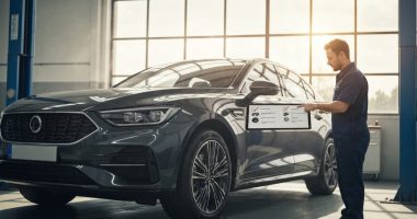 Mecânico inspeciona carro moderno em 2026 com checklist detalhado para manutenção preventiva.