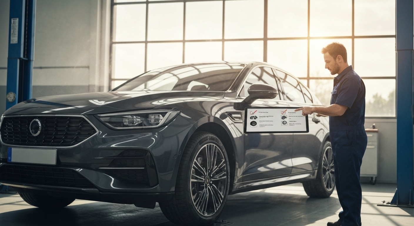 Mecânico inspeciona carro moderno em 2026 com checklist detalhado para manutenção preventiva.