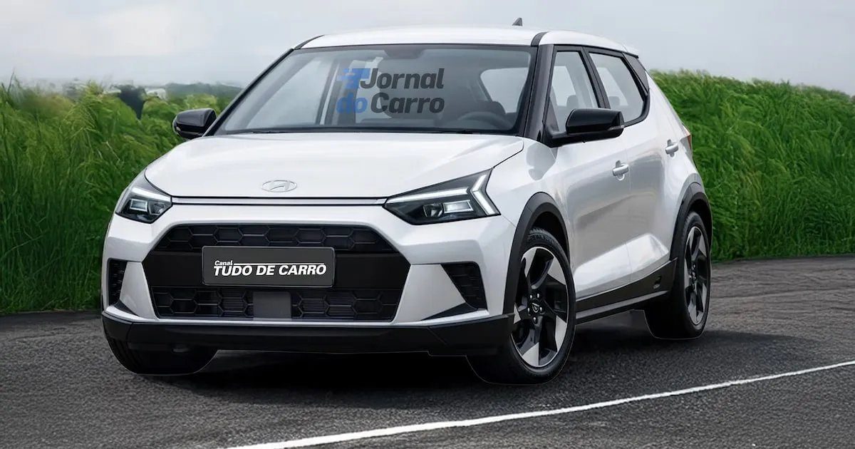 Projeção realista do novo Hyundai HB20 2026 rodando em estrada pavimentada