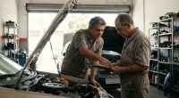Pessoa analisando motor de carro com mecânico e verificando documentos antes da compra