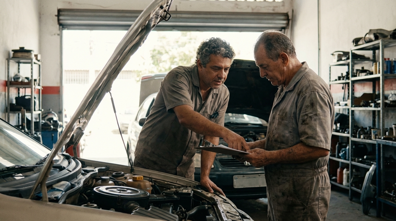 Pessoa analisando motor de carro com mecânico e verificando documentos antes da compra