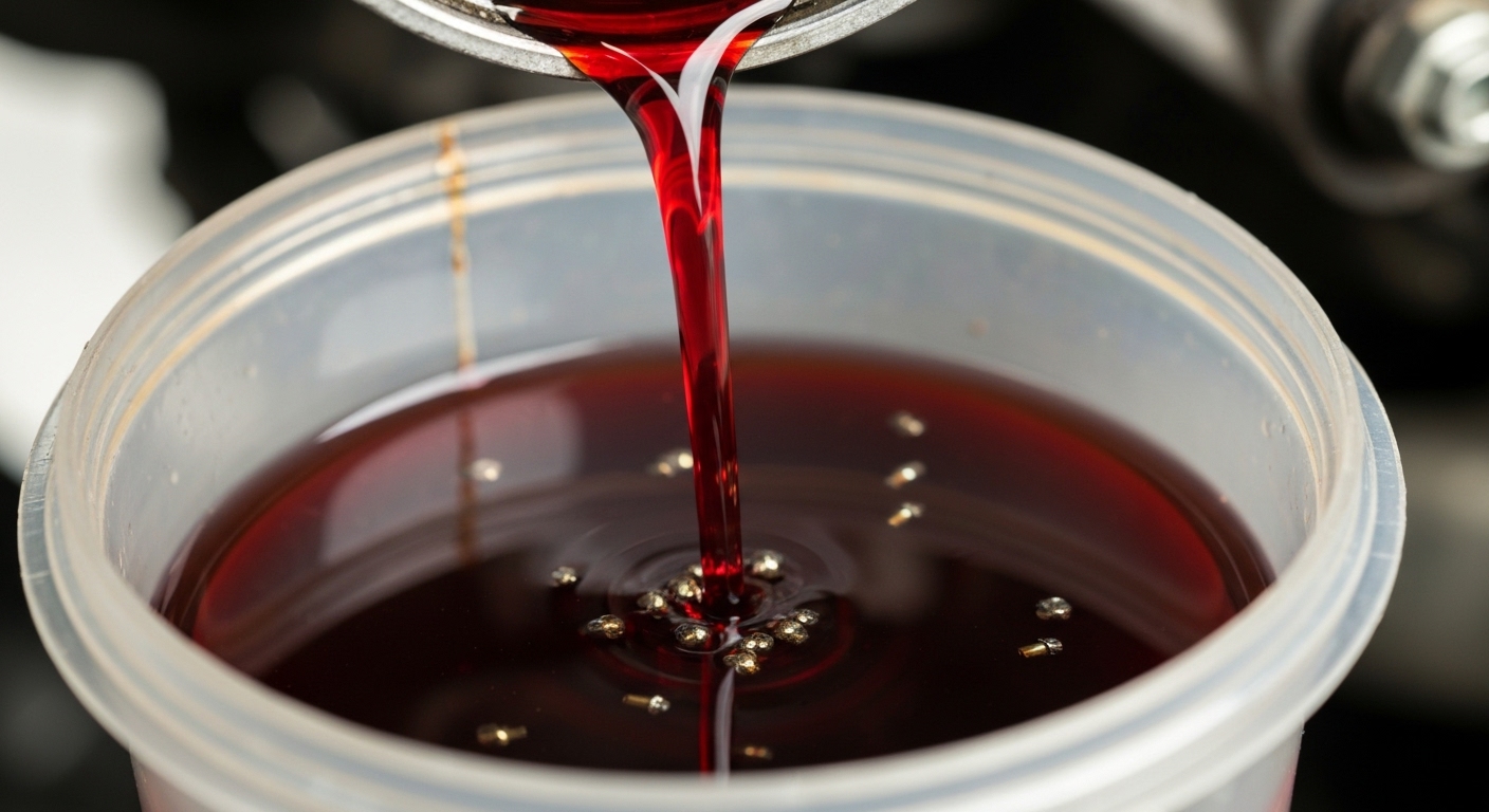 Fluido de câmbio escuro com partículas de desgaste, indicando a necessidade de troca.