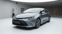Toyota Corolla 2026 cinza com design futurista exibido em estúdio.