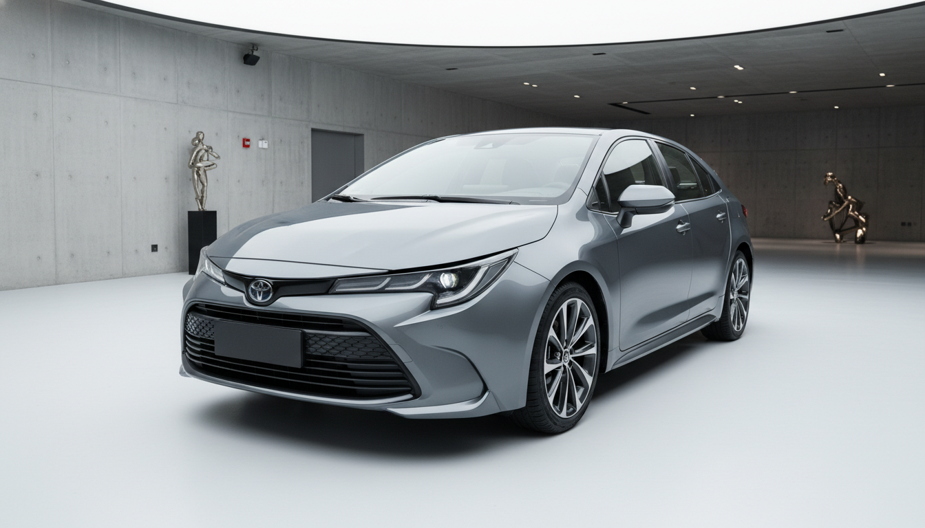 Toyota Corolla 2026 cinza com design futurista exibido em estúdio.