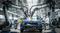 Linha de produção da Toyota com foco em robótica e veículos híbridos flex.