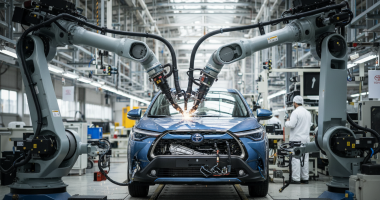 Linha de produção da Toyota com foco em robótica e veículos híbridos flex.