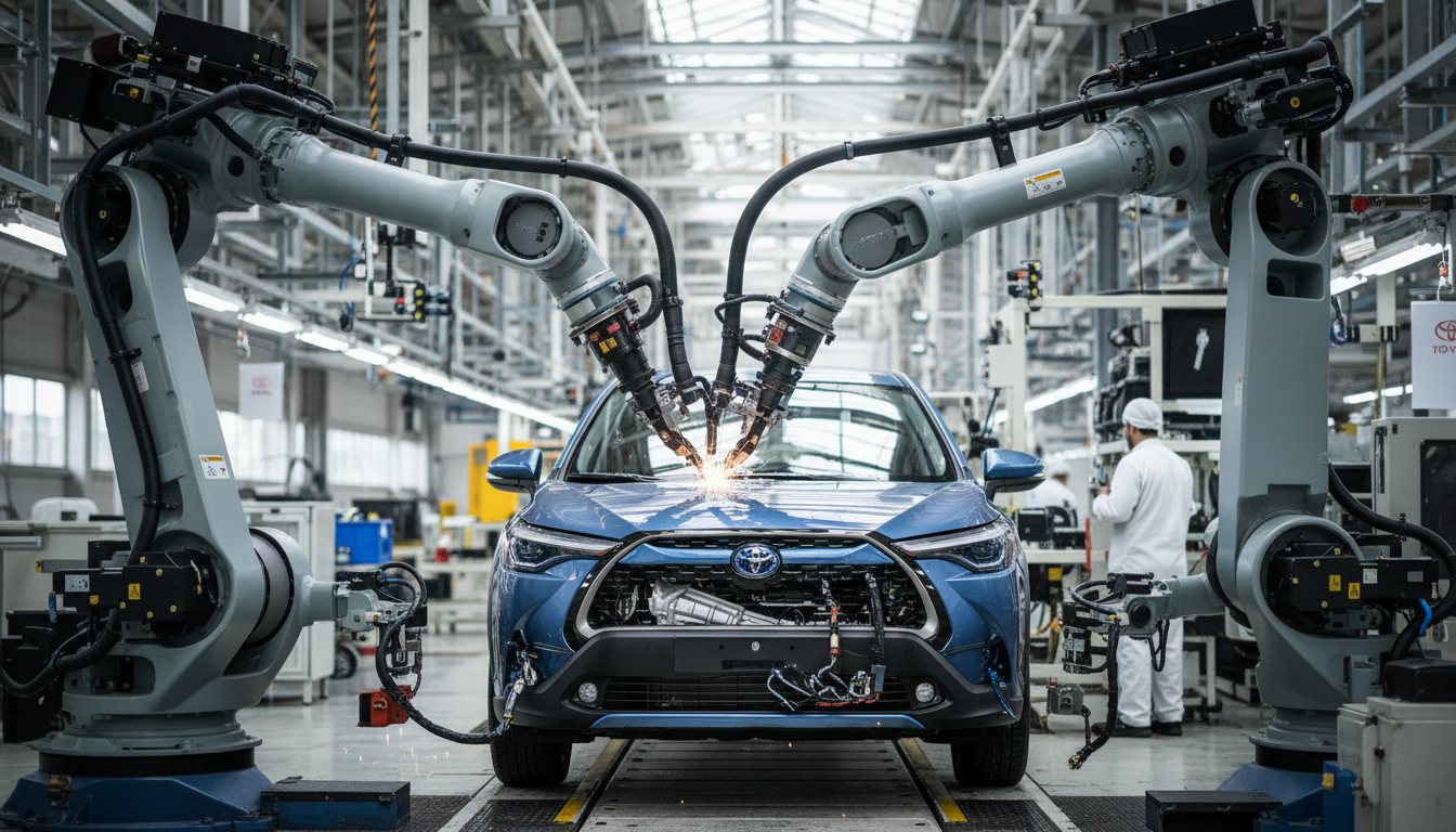 Linha de produção da Toyota com foco em robótica e veículos híbridos flex.